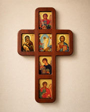 Christ, Virgin of Vladimir Archangels Michael, Gabriel, Raphael Icons In Cross picture