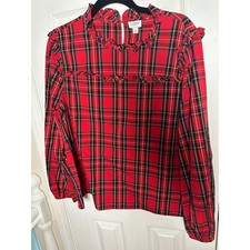 J Crew Womens Tartan Plaid Ruffle Neck Blouse Red Long Sleeve Top Size L picture