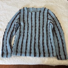Vintage S/M Light Blue Crocheted Sweater W/Brown Vertical Stripe Mohair Pullover picture