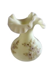 Vintage Fenton Satin Custard Glass Vase Crimped Rim Hand Painted Signed Glows 7” picture