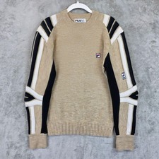 Vintage Fila Sweater Mens M Beige Stripe Wool Logo Crewneck Knit Pullover Ski picture