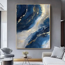 Luxury Handmade Abstract Oil Painting Wall Art Modern Golden Blue Minimalist picture