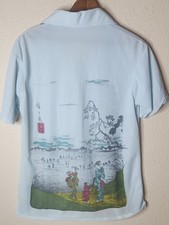 True Vintage 70s Polo Shirt Japanese Graphic Hiroshige LARGE Rite Smart UNIQUE  picture