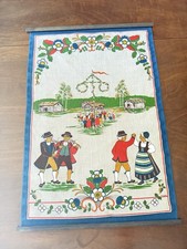 Vintage Swedish Linen Wall Hanging Tapestry 29x19 MCM Winter Folk Art Signed picture