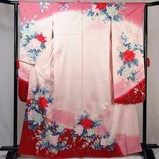 Vintage Japanese Silk Furisode Kimono – Pale Pink Floral, Gold & Silver picture