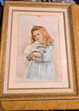 Antique Fleischmann Yeast Sign Poster No 9 Girl Cat Victorian Gilt Frame 1880s picture