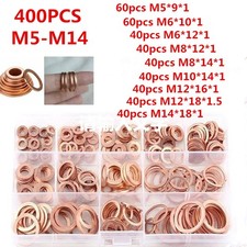 400PCS Solid Copper Crush Washer Gasket Set Flat O-Ring Seal Assortment Kits US picture