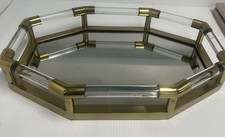 Vintage Charles Hollis Jones Style Brass Lucite Mirror Octagon Cocktail Tray picture