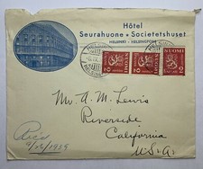 1939 HELSINKI FINLAND COVER FROM HOTEL SEURAHUONE SOCIETETSHUSET TO CALIFORNIA picture