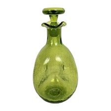 1968 BLENKO #49 MCM Crackle Glass Pinch Decanter with Stopper Olive Green 10.5