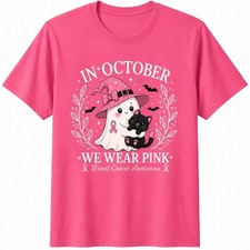 Breast Cancer Awareness Ghost Cat Shirt Pink Ribbon Halloween Spooky Graphic Tee picture