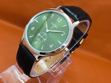 Vintage Seiko Quartz Round Sub Second Green Dial Black Leather Band Wrist Watch picture