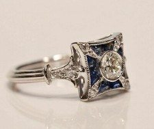 Antique Sapphire & Old European Cut CZ Stone 925 Silver Art Deco Engagement Ring picture