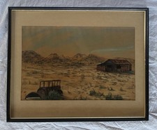 Original Oil Pastel Art - Desert Scene With Mountains - Frame 17x21” picture