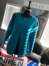 Zell Ucci Vintage Andora Chunky Cardigan Teal Soft Gold Buttons Size Small picture