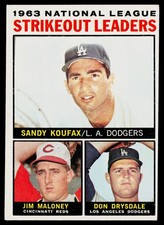 1963 National League Strikeout Leaders Koufax Drysdale 1964 Topps #5 Crease Free picture