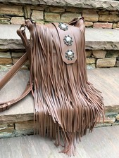 Brown  leather, Conchos, boho Southwest festival LONG fringe crossbody bag picture