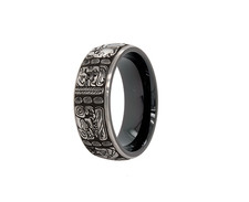 8mm Dome Shaped Black Plated Tungsten Ring with Mayan Inspired Engravings picture