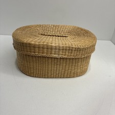 VTG coiled sweetgrass basket, oval shape, fitted lid, braided handle picture