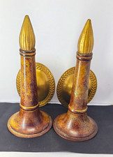 Vintage Pair MCM Brass Wood Tone Wall Candle Holder Sconces 1960s Mid Century picture