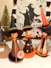 Trio of Cotton Spun Head Witches OOAK Halloween Decor Witch Dolls picture