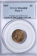 BU 1865 Plain 5 Indian Head Cent Penny PCGS MS64RB DUHNK picture