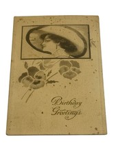 Antique 1910 Birthday Greetings Postcard Pretty Lady Large Hat Pansy Flowers picture