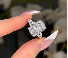 4CT Elongated Cushion Cut Real Moissanite Engagement Ring 14k White Gold Plated picture