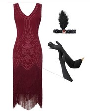 Babeyond Flapper Dress 3XL Red Wine V-Neck Zip Headband & Gloves 20’s Gatsby picture