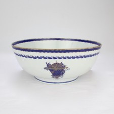 Antique 18th Century Chinese Export Porcelain Punch Bowl W Old Staple Repair picture