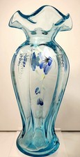 Vintage Fenton Pre-1970 Aqua Blue Hand-Painted Floral Art Glass Vase Ruffle 9