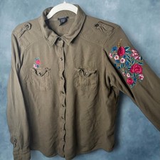 Torrid Olive Green Floral Embroidered Utility Shirt Size 0 picture