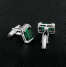 3 CT Emerald Cut Lab Created Green Emerald Men's Cufflink 14K White Gold Plated. picture