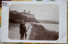 Postcard photo 1907 Melk Danube Castle Wachau man original vintage AD picture