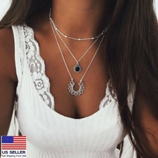 Women Fashion Jewelry Multilayer Boho Silver Chain Necklace Retro Lotus Pendant picture