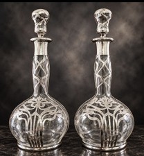 Pair Antique Alvin Art Nouveau .999 Fine Silver Overlay Glass Decanters 480 picture