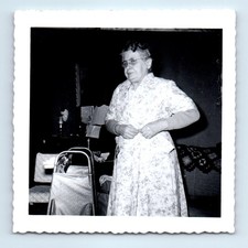 Old Vintage Square Photo SOLO OLDER ELDERLY WOMAN GLASSES WALKER SNAPSHOT picture