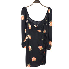 Reformation Amala Mini Dress Womens 12 Ingrid Black Floral Long Sleeve Ruched picture