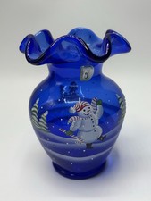 Fenton Art Glass 95th Anniversary hand painted Cobalt BLUE Snowman Vase RUFFLE picture