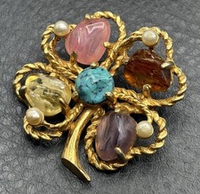 RARE De Nicola Gold Tone Faux Gemstone Faux Pearl Four Leaf Clover  Brooch Pin picture
