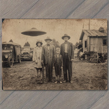 POSTCARD Alien UFO Flying Saucer Old Photo Rural Family Paranormal Strange Humor picture