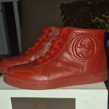 Gucci Red Leather High-Top Lace-Up Kid’s Sneakers w/ Side Zipper Logo picture