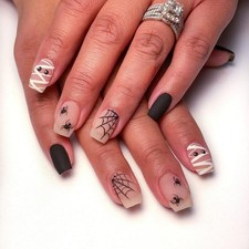 Halloween Press On Nails - Short Square Matte Spider Web Nails for Women & Girls picture