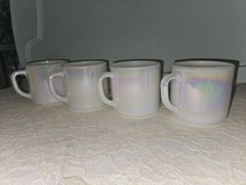 Vtg Federal Iridescent Milk Glass (2 Mugs) Cups F Shield USA Stacking Moonglow picture