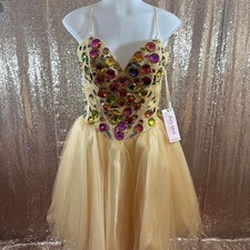 Poly USA Gold Beaded Corset Tulle Dress Multi-Color Jewels Scarf/Size M picture