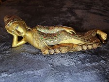 BEAUTIFUL 22in/56cm RECLINING NIRVANA BUDDHA *EXQUISITE* VINTAGE THAI CARVED picture