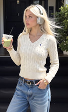 Polo Ralph Lauren Women’s Ivory Cable Knit V-Neck Sweater S NWT QR Authenticate picture