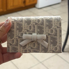 Dior Gray/Ivory Logo Pattern Bow Snap Folding Wallet w/ Zip Coin & Card Slots picture