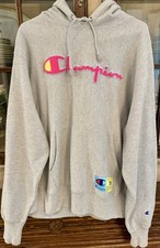 Vintage Champion Life Reverse Weave Hoodie CHENILLE Pink Logo Grey Men Large  picture