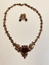 Vintage Signed CRAFT Gem-Craft Topaz Amber Rhinestone Filigree Necklace Earrings picture